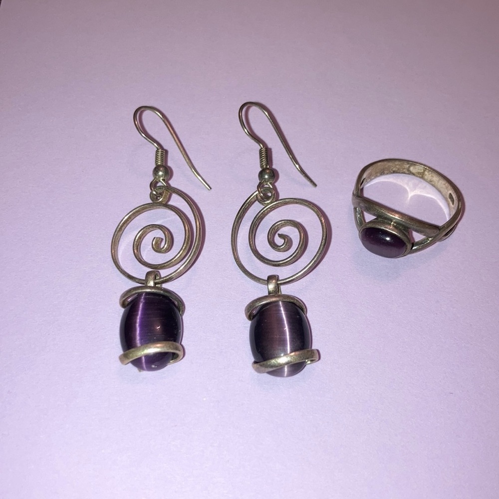 Purple Stone & Metal Handmade earring and ring set.